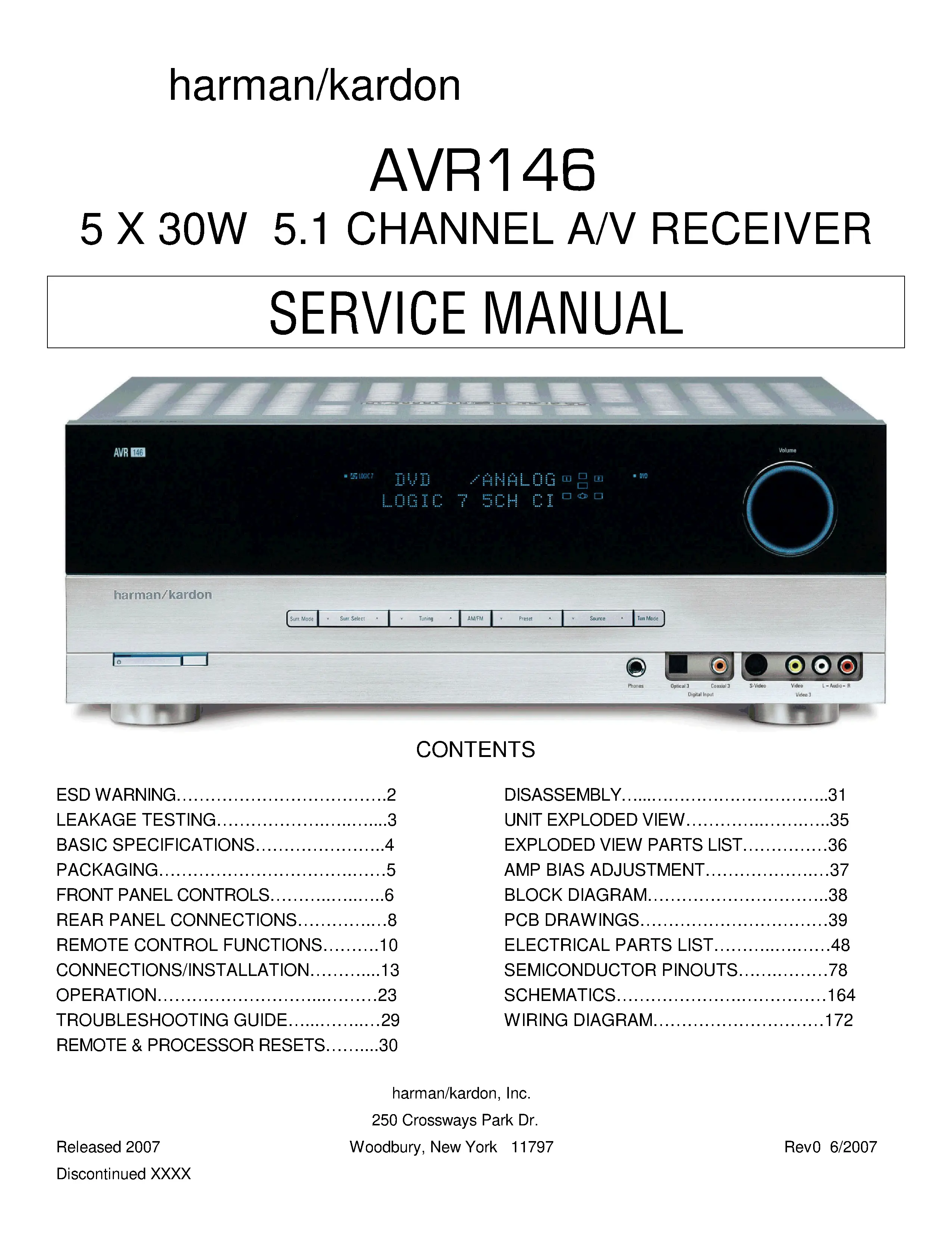 Harman kardon avr 146 service manual cover with picture of the AV Receiver with model type and number