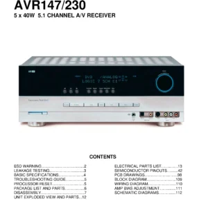 Harman kardon avr 147 avr 230 service manual cover with picture of the AV Receiver with model type and number