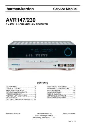 Harman kardon avr 147 avr 230 service manual cover with picture of the AV Receiver with model type and number