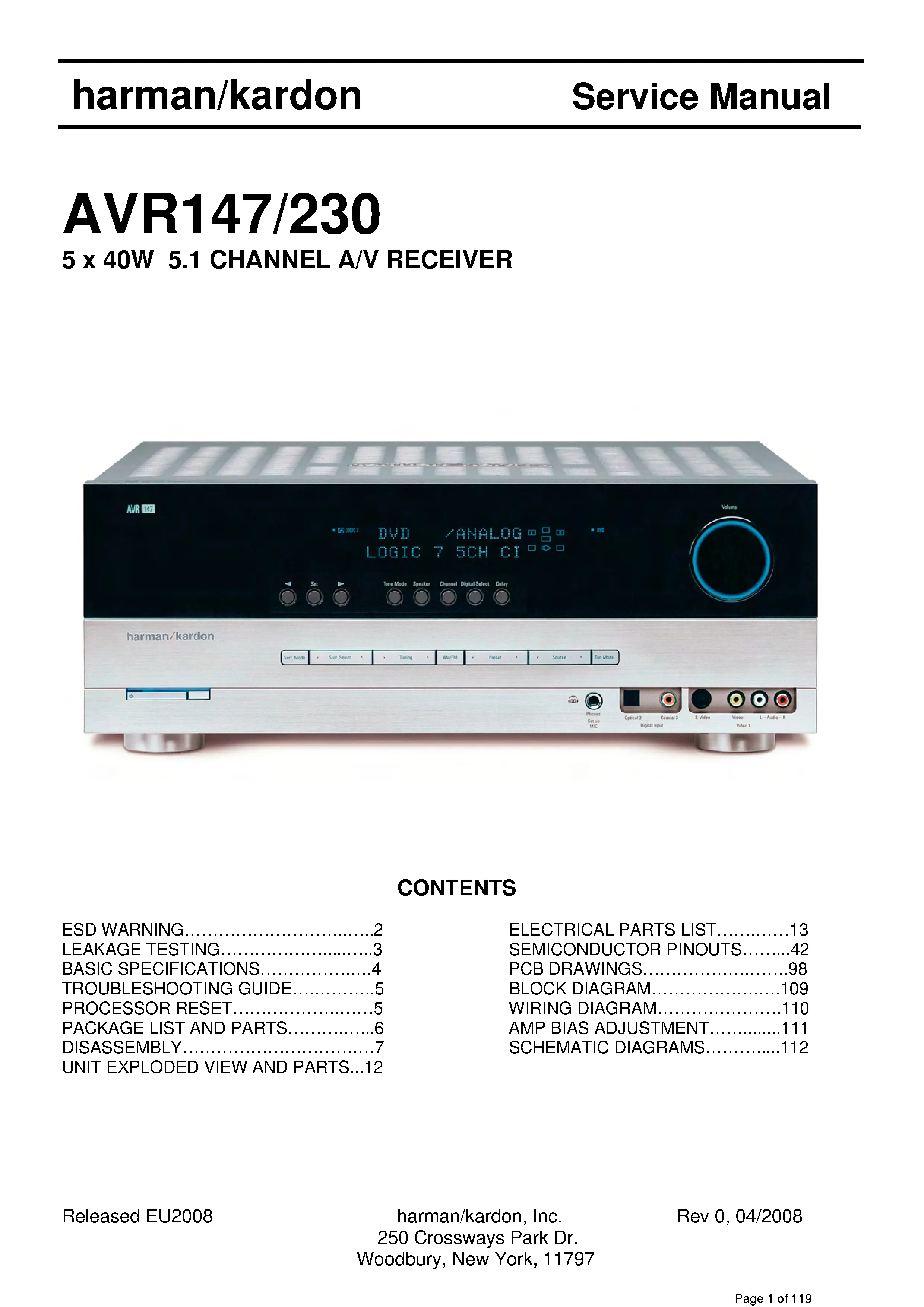 Harman kardon avr 147 avr 230 service manual cover with picture of the AV Receiver with model type and number