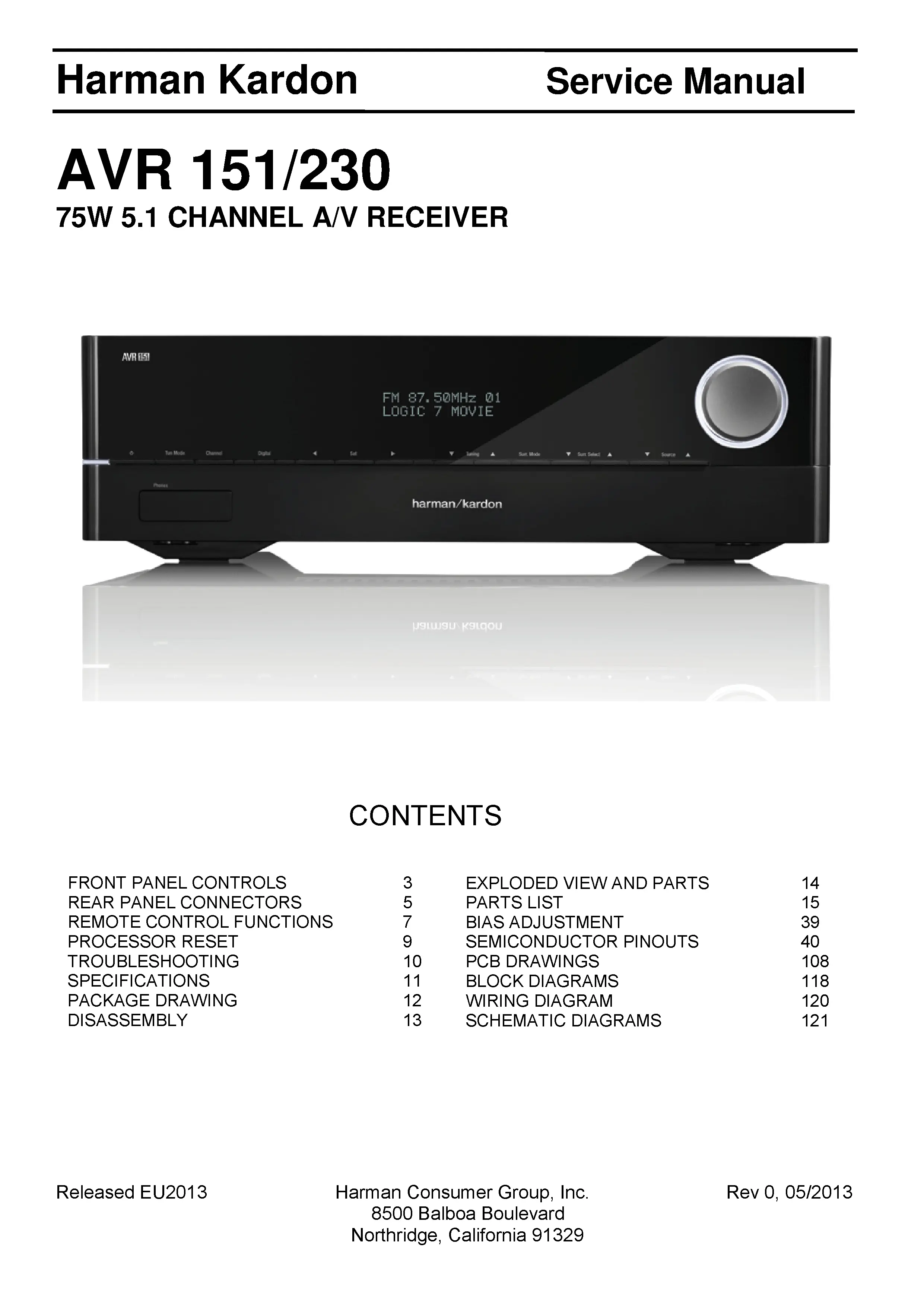 Harman kardon avr 151 service manual cover with picture of the AV Receiver with model type and number