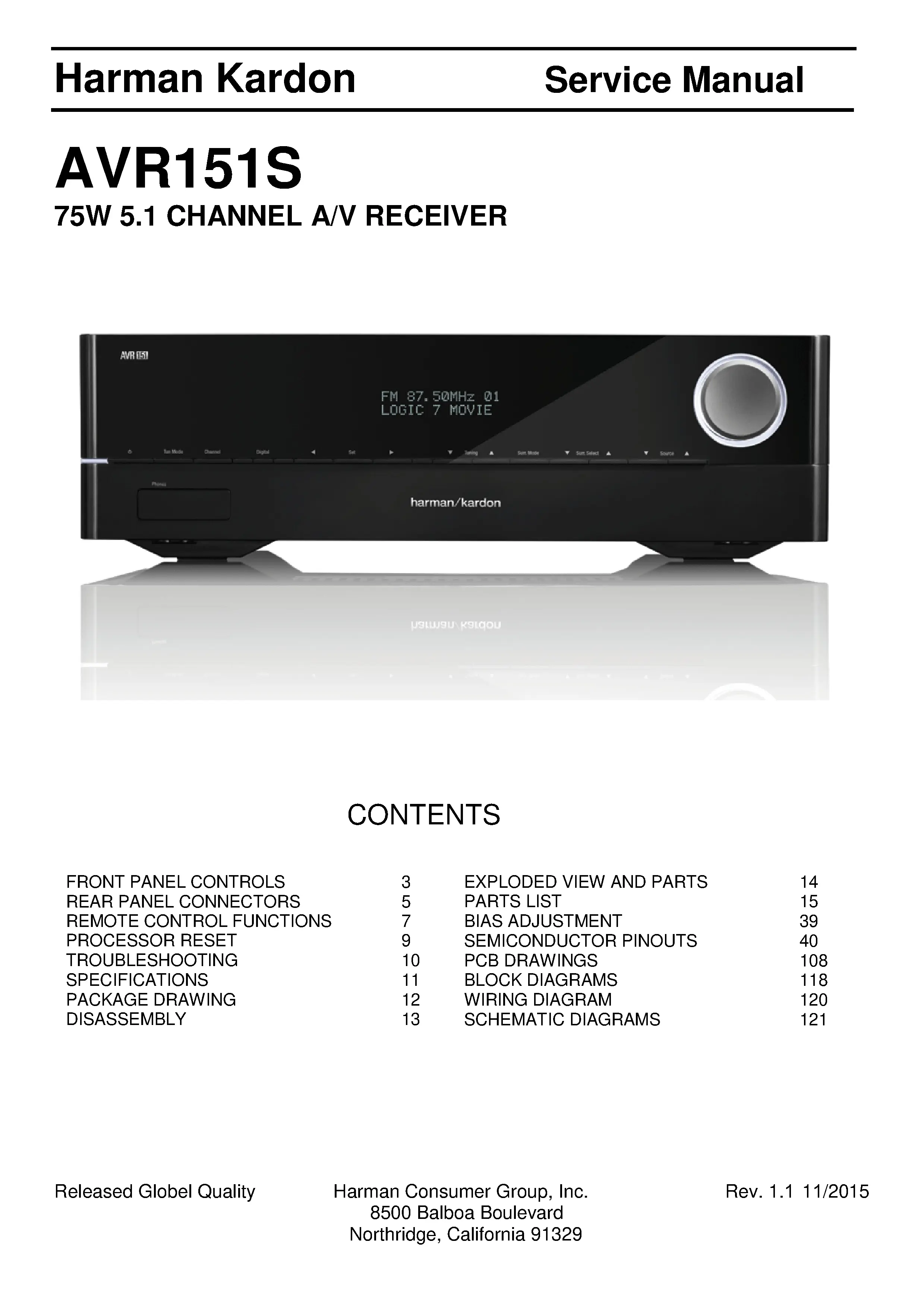 Harman kardon avr 151s service manual cover with picture of the AV Receiver with model type and number