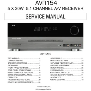 Harman kardon avr 154 service manual cover with picture of the AV Receiver with model type and number