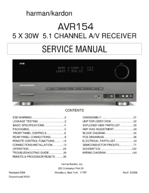 Harman kardon avr 154 service manual cover with picture of the AV Receiver with model type and number