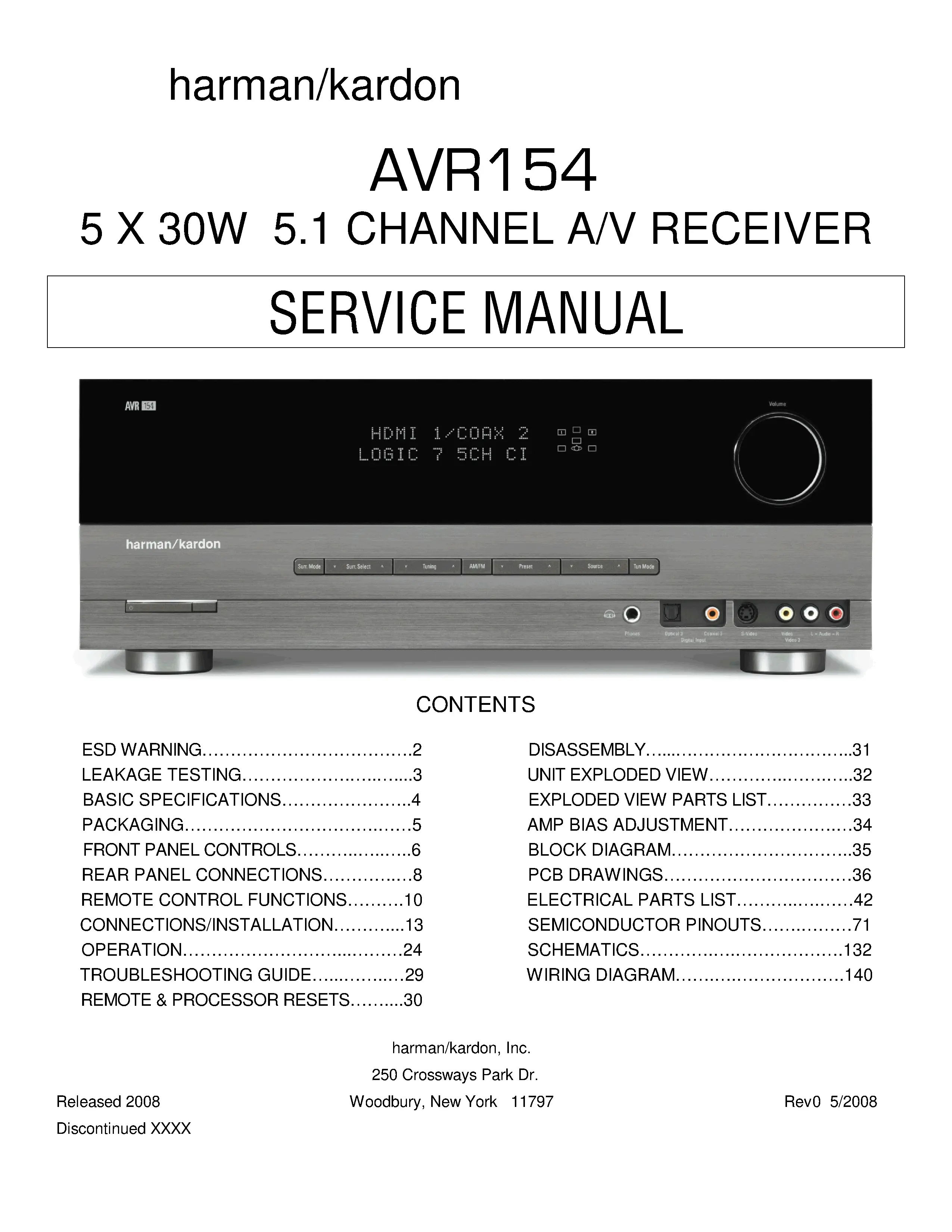 Harman kardon avr 154 service manual cover with picture of the AV Receiver with model type and number