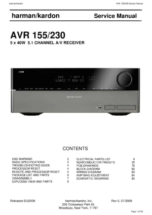 Harman kardon avr 155 service manual cover with picture of the AV Receiver with model type and number