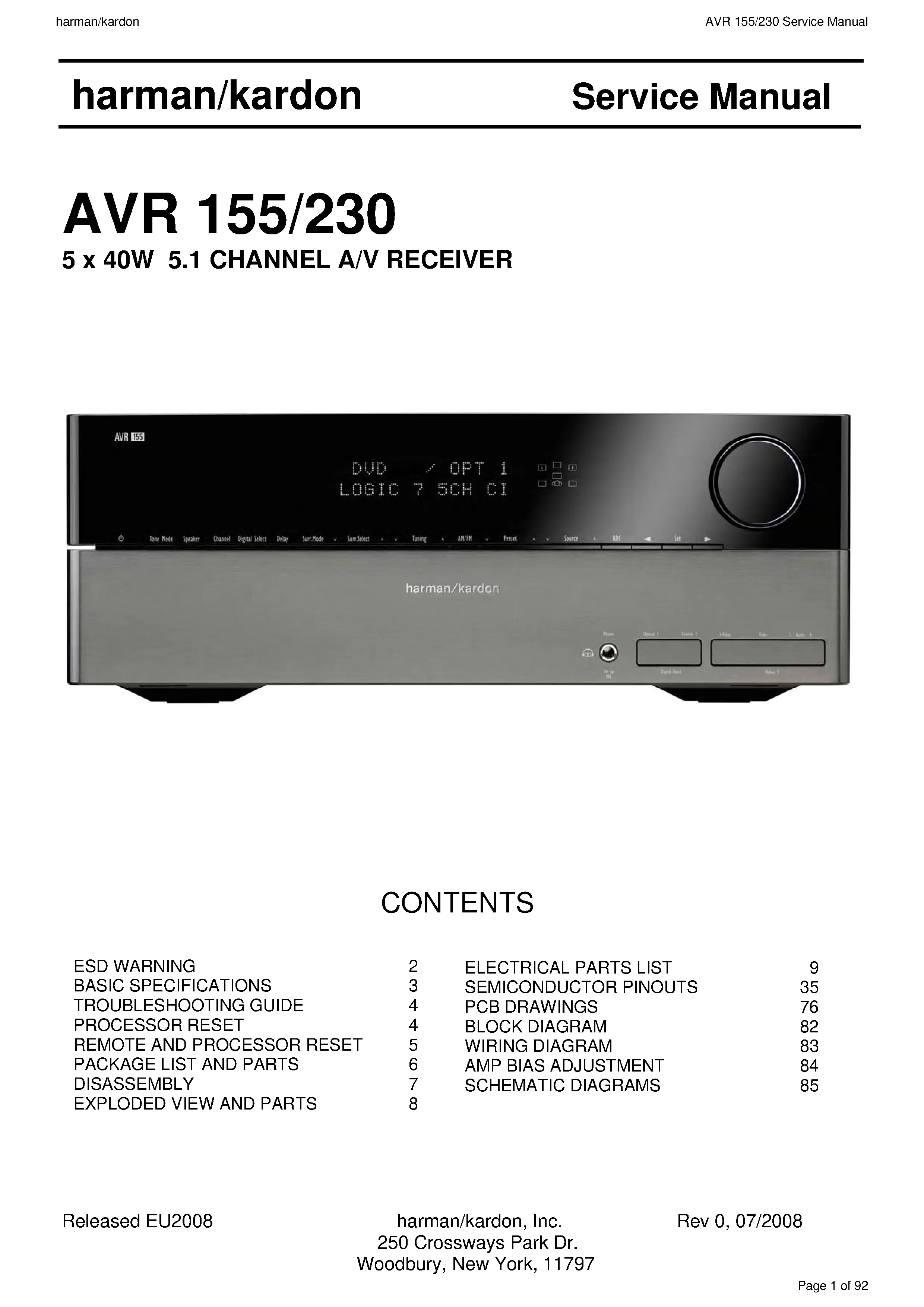 Harman kardon avr 155 service manual cover with picture of the AV Receiver with model type and number