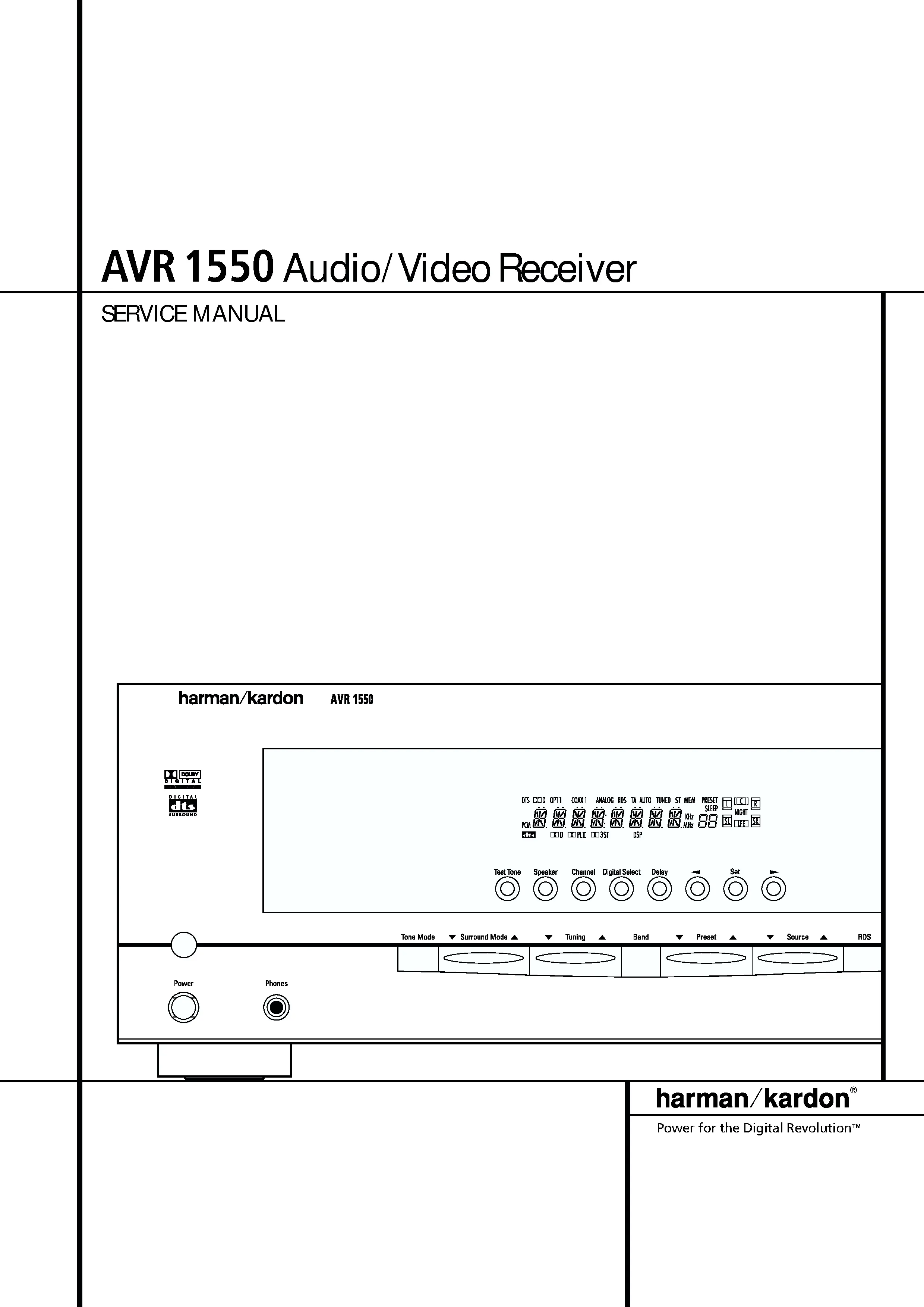 Harman kardon avr 1550 service manual cover with picture of the AV Receiver with model type and number