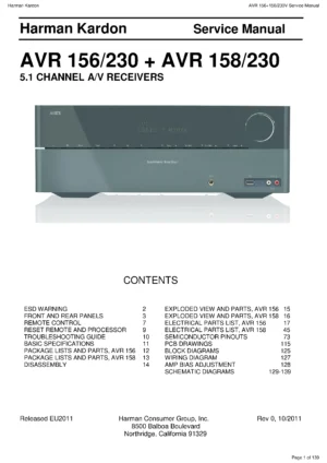 Harman kardon avr 156 service manual cover with picture of the AV Receiver with model type and number