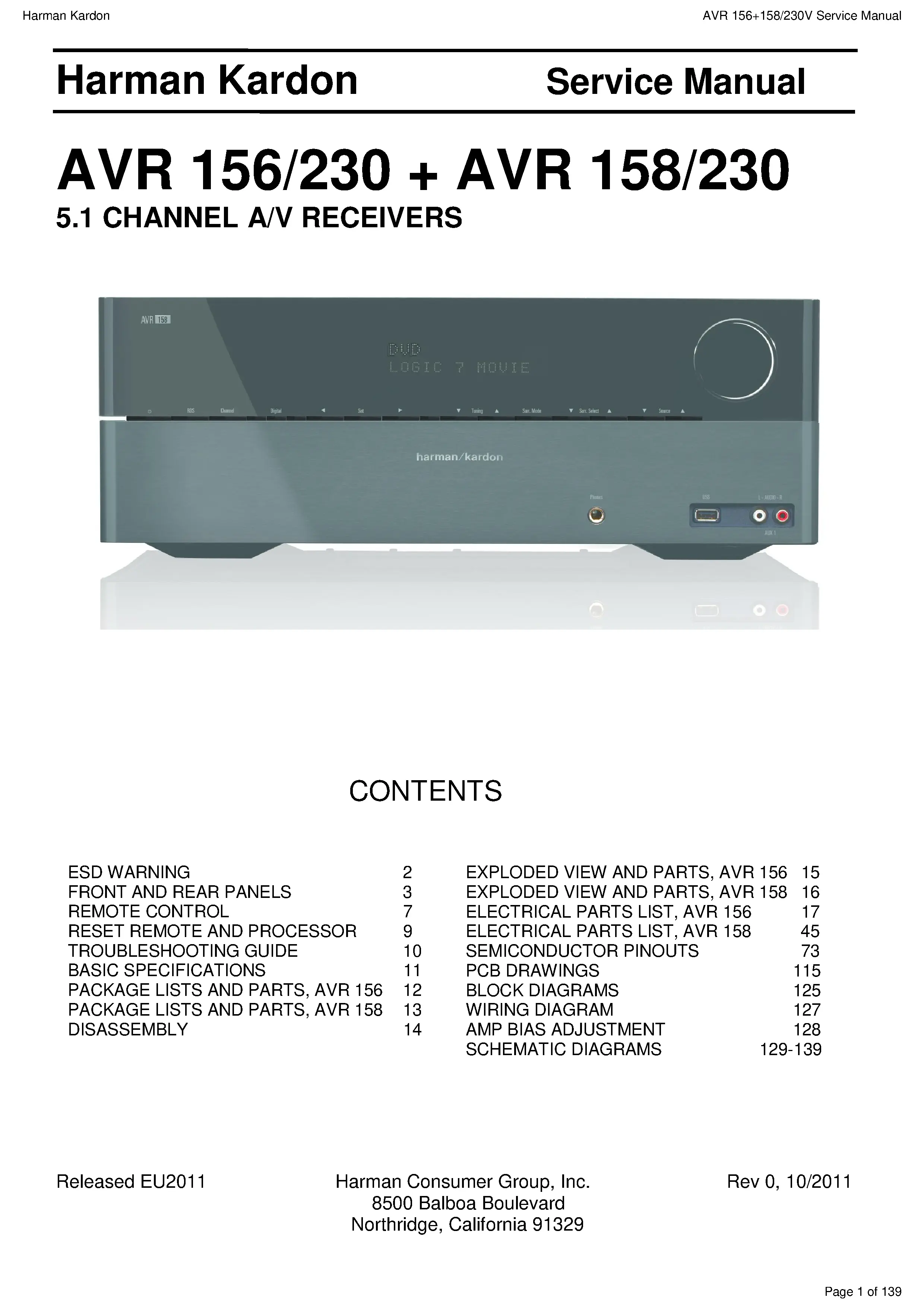 Harman kardon avr 156 service manual cover with picture of the AV Receiver with model type and number