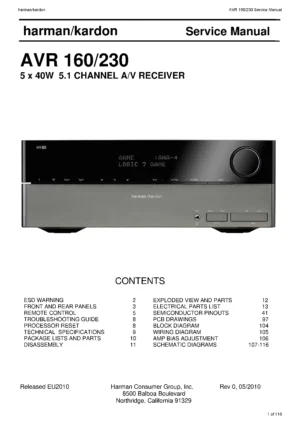 Harman kardon avr 160 service manual cover with picture of the AV Receiver with model type and number