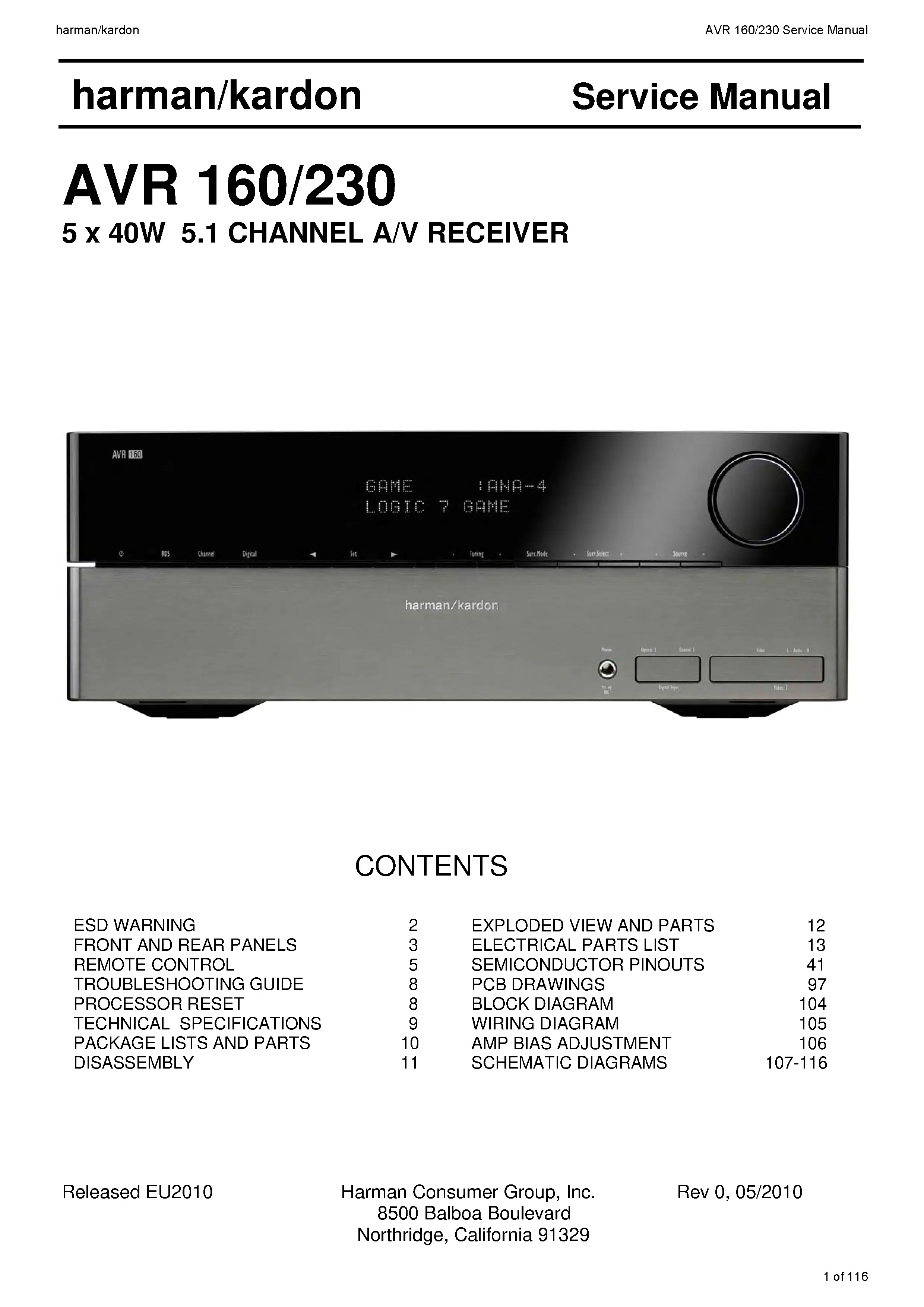 Harman kardon avr 160 service manual cover with picture of the AV Receiver with model type and number