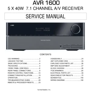 Harman kardon avr 1600 service manual cover with picture of the AV Receiver with model type and number