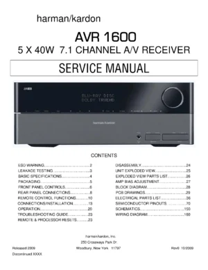 Harman kardon avr 1600 service manual cover with picture of the AV Receiver with model type and number