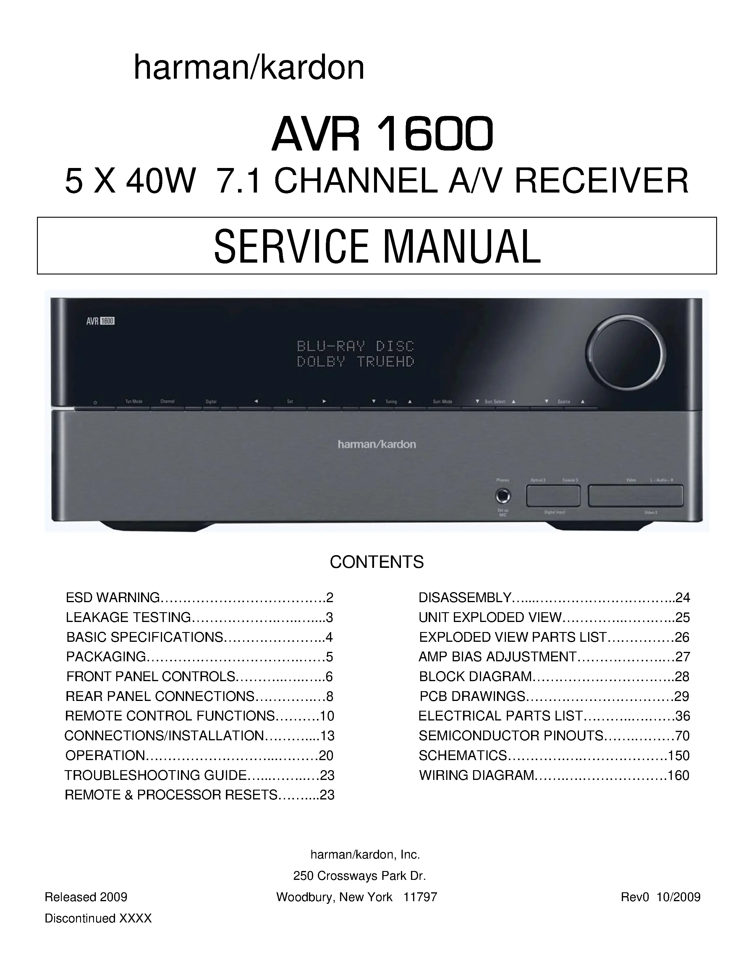 Harman kardon avr 1600 service manual cover with picture of the AV Receiver with model type and number