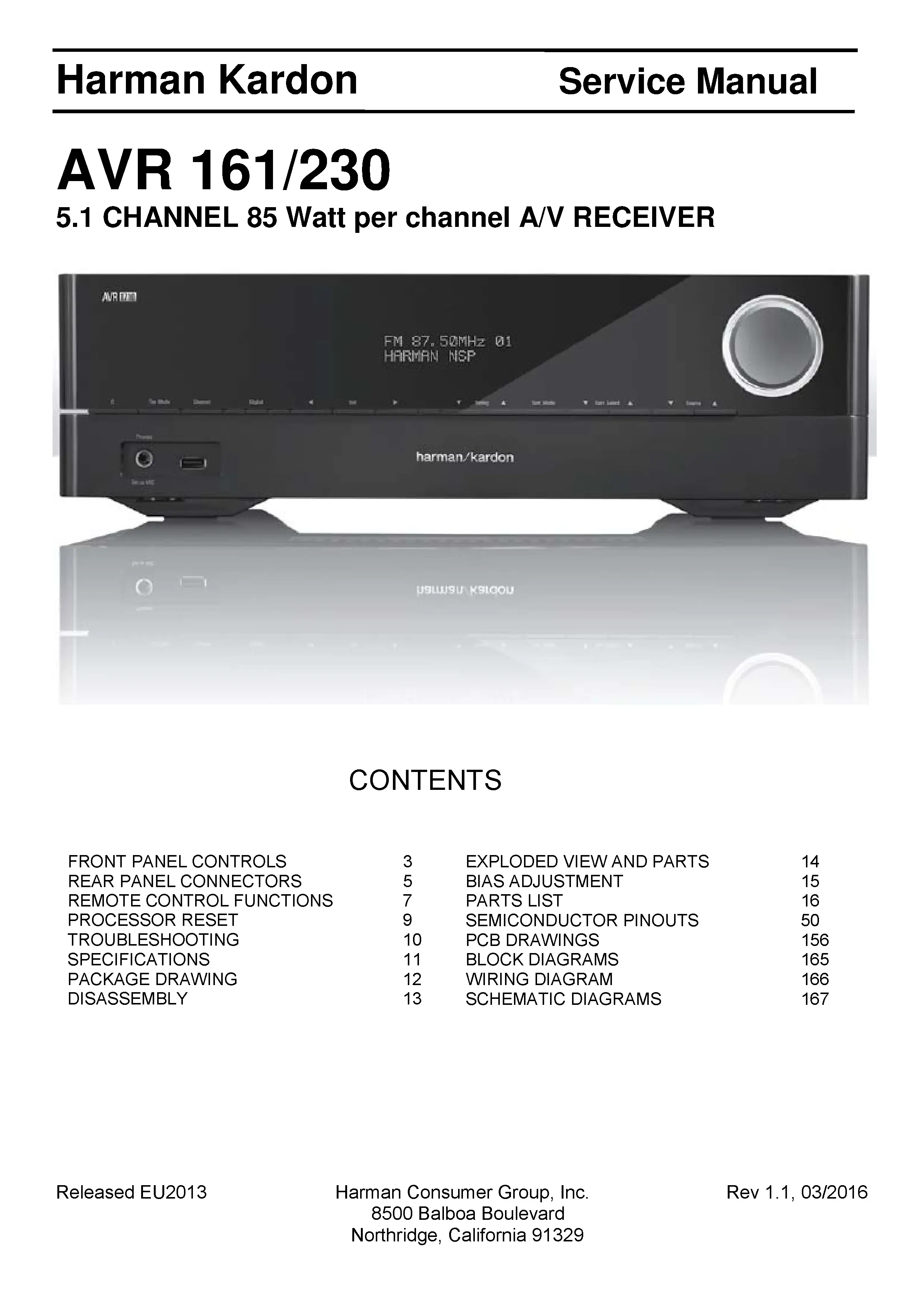 Harman kardon avr 161 service manual cover with picture of the AV Receiver with model type and number