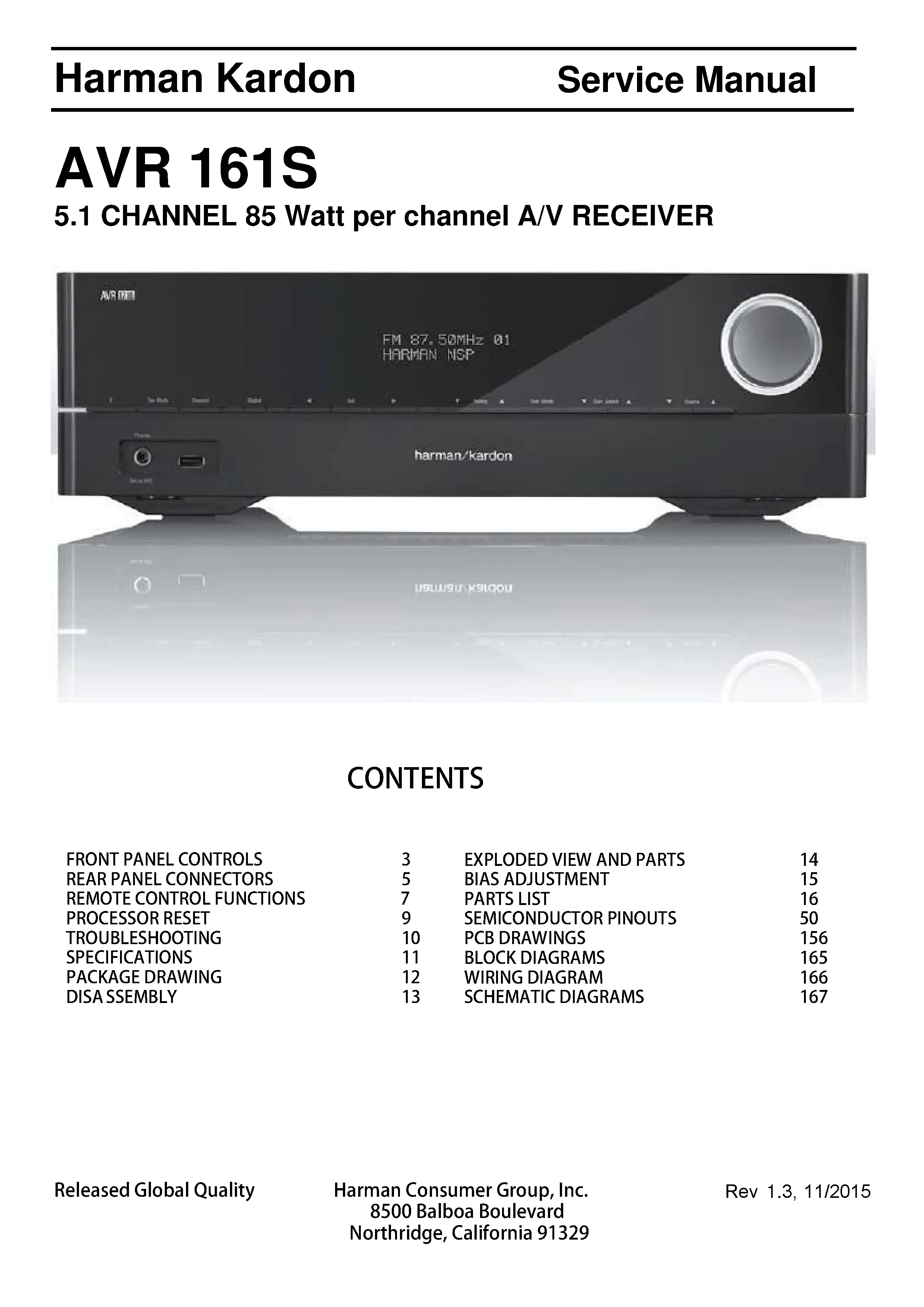Harman kardon avr 161s service manual cover with picture of the AV Receiver with model type and number