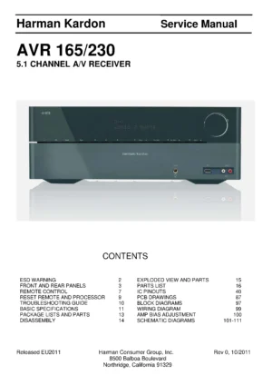Harman kardon avr 165 service manual cover with picture of the AV Receiver with model type and number