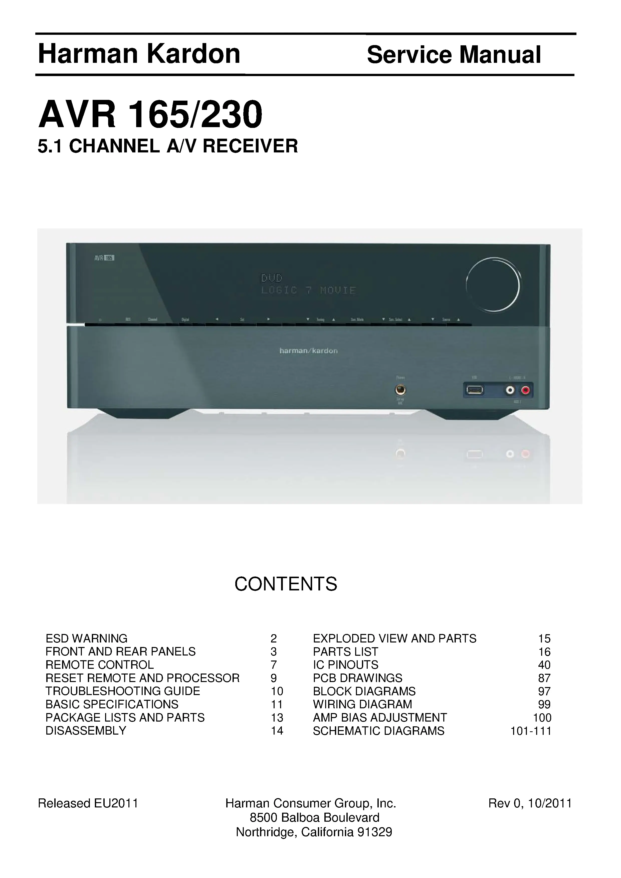 Harman kardon avr 165 service manual cover with picture of the AV Receiver with model type and number