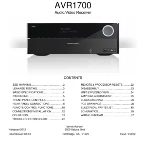 Harman kardon avr 1700 service manual cover with picture of the AV Receiver with model type and number