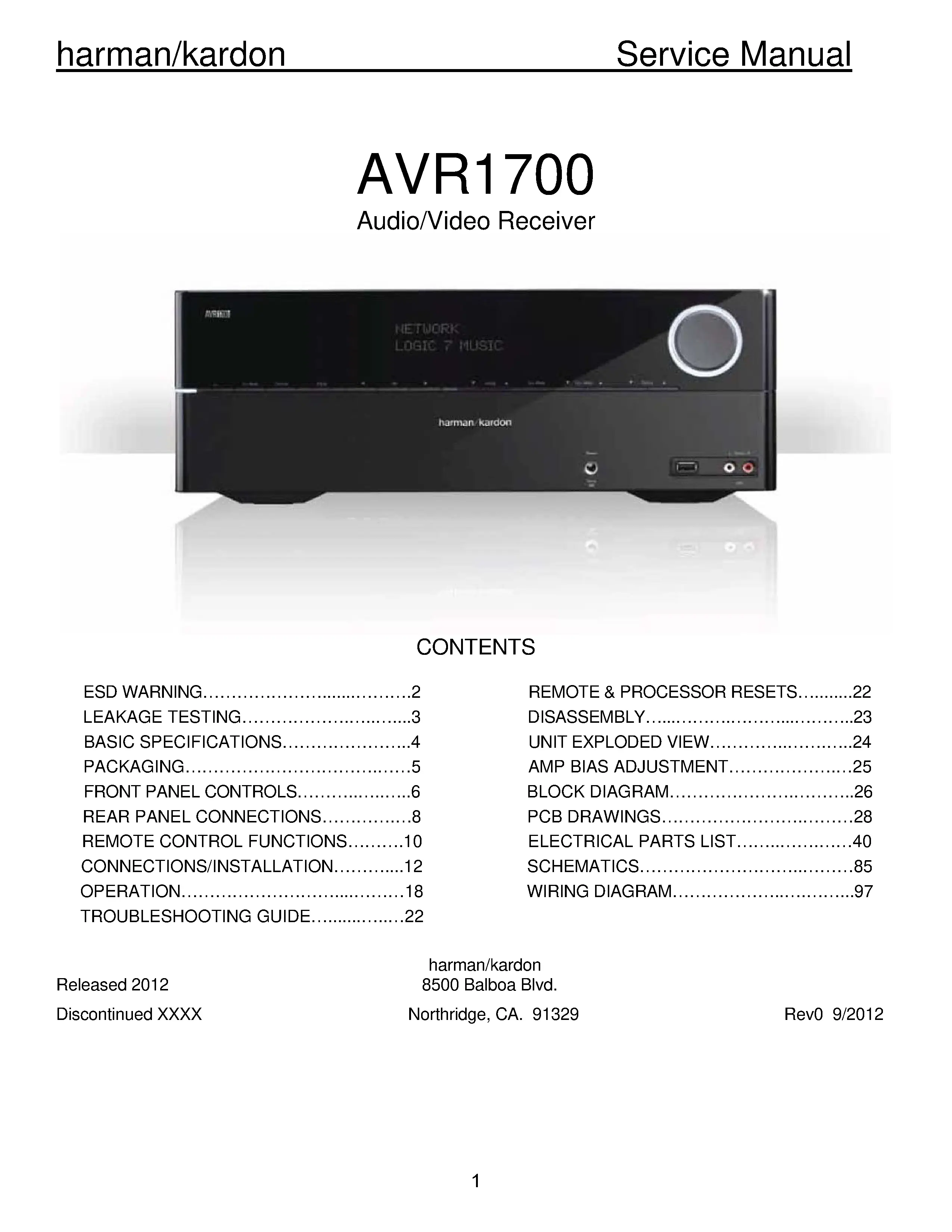 Harman kardon avr 1700 service manual cover with picture of the AV Receiver with model type and number