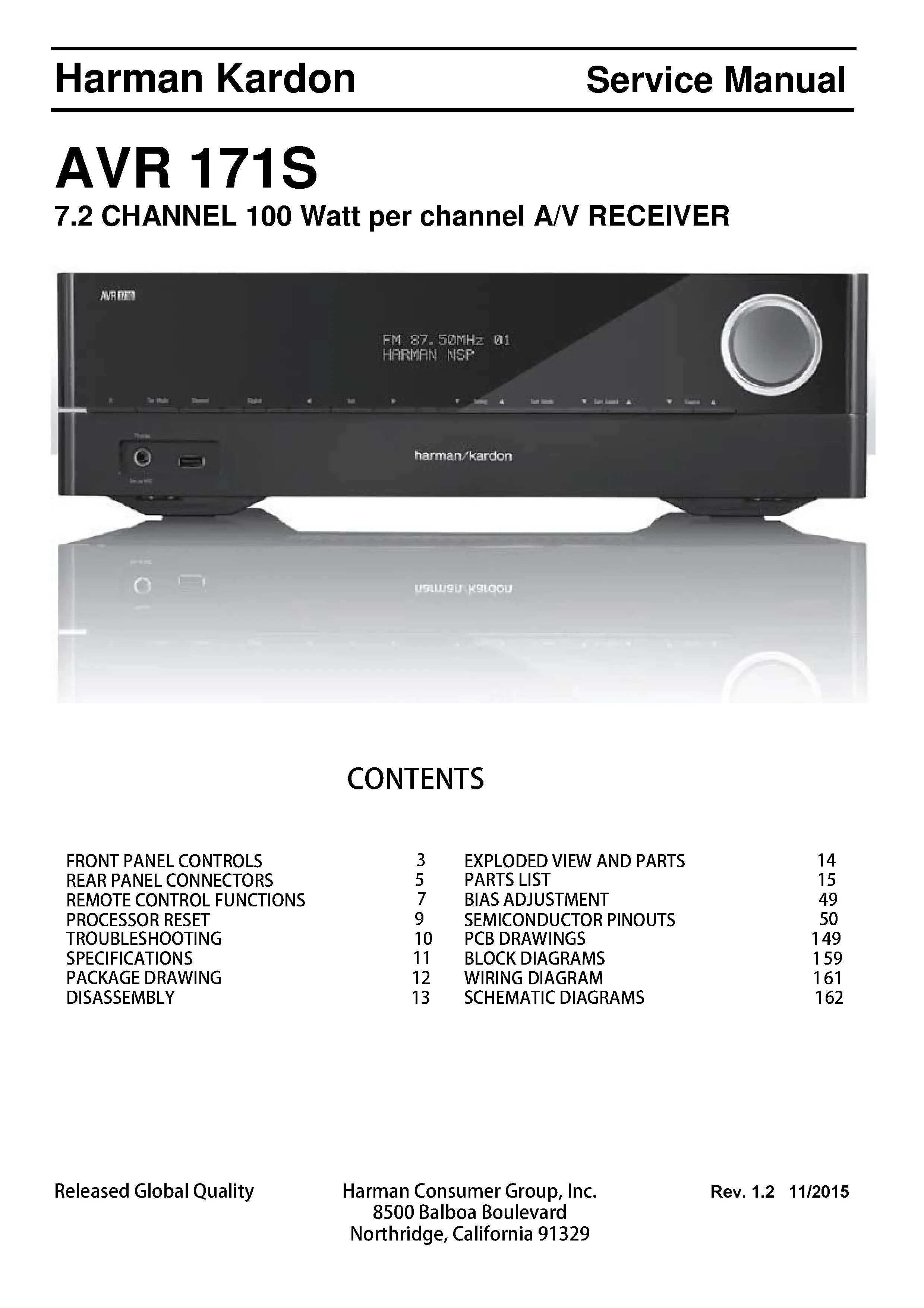 Harman kardon avr 171s service manual cover with picture of the AV Receiver with model type and number