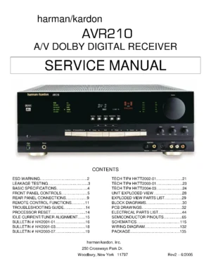 Harman kardon avr 210 service manual cover with picture of the AV Receiver with model type and number