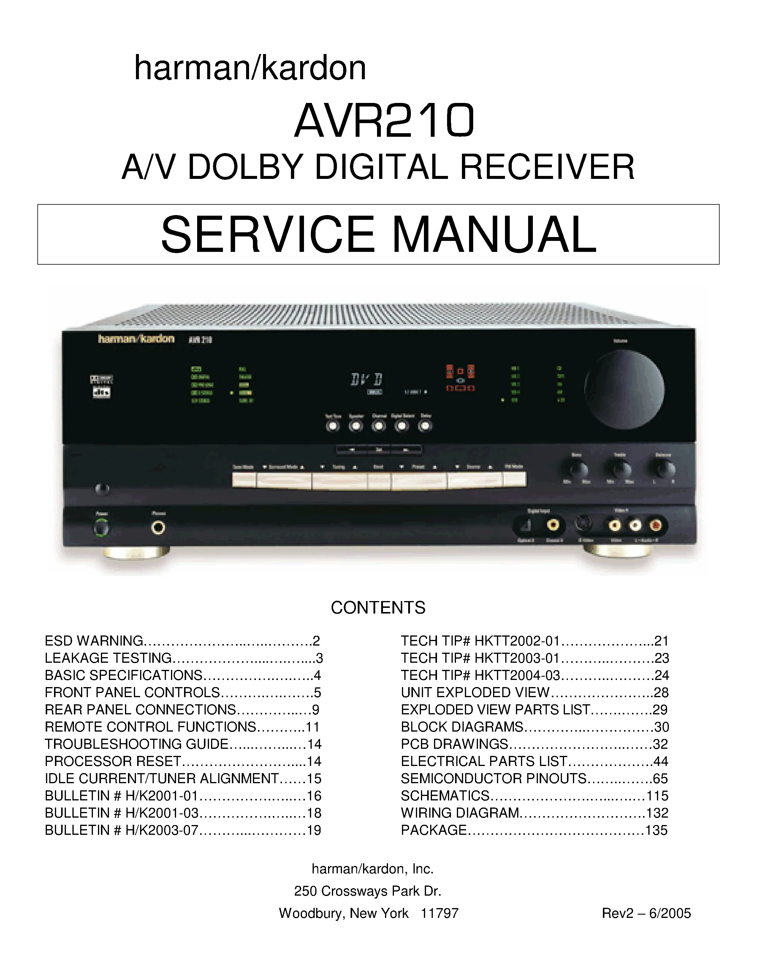 Harman kardon avr 210 service manual cover with picture of the AV Receiver with model type and number