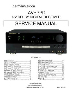 Harman kardon avr 220 service manual cover with picture of the AV Receiver with model type and number