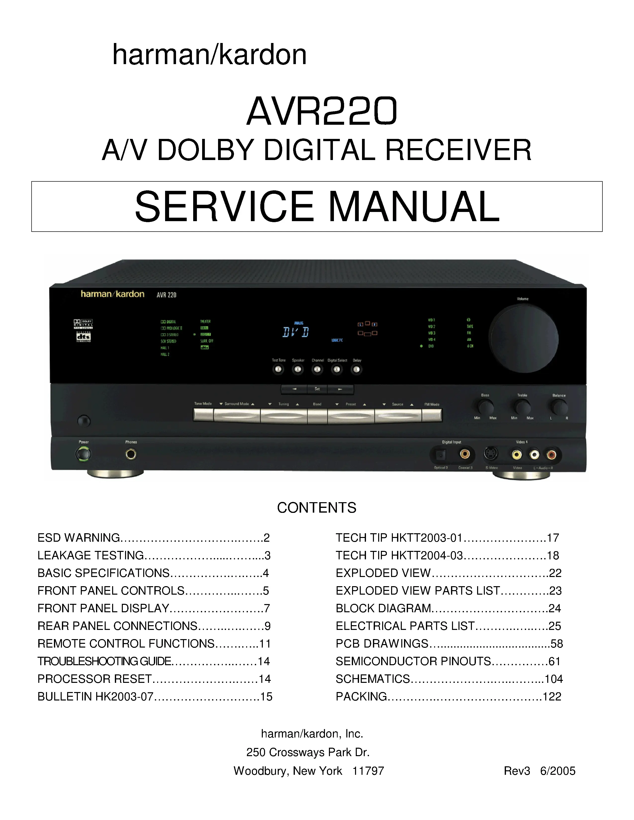 Harman kardon avr 220 service manual cover with picture of the AV Receiver with model type and number