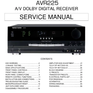 Harman kardon avr 225 service manual cover with picture of the AV Receiver with model type and number