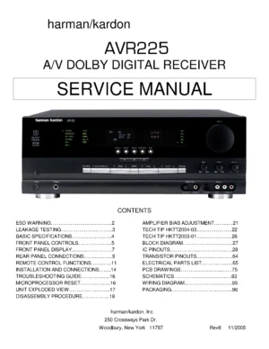 Harman kardon avr 225 service manual cover with picture of the AV Receiver with model type and number