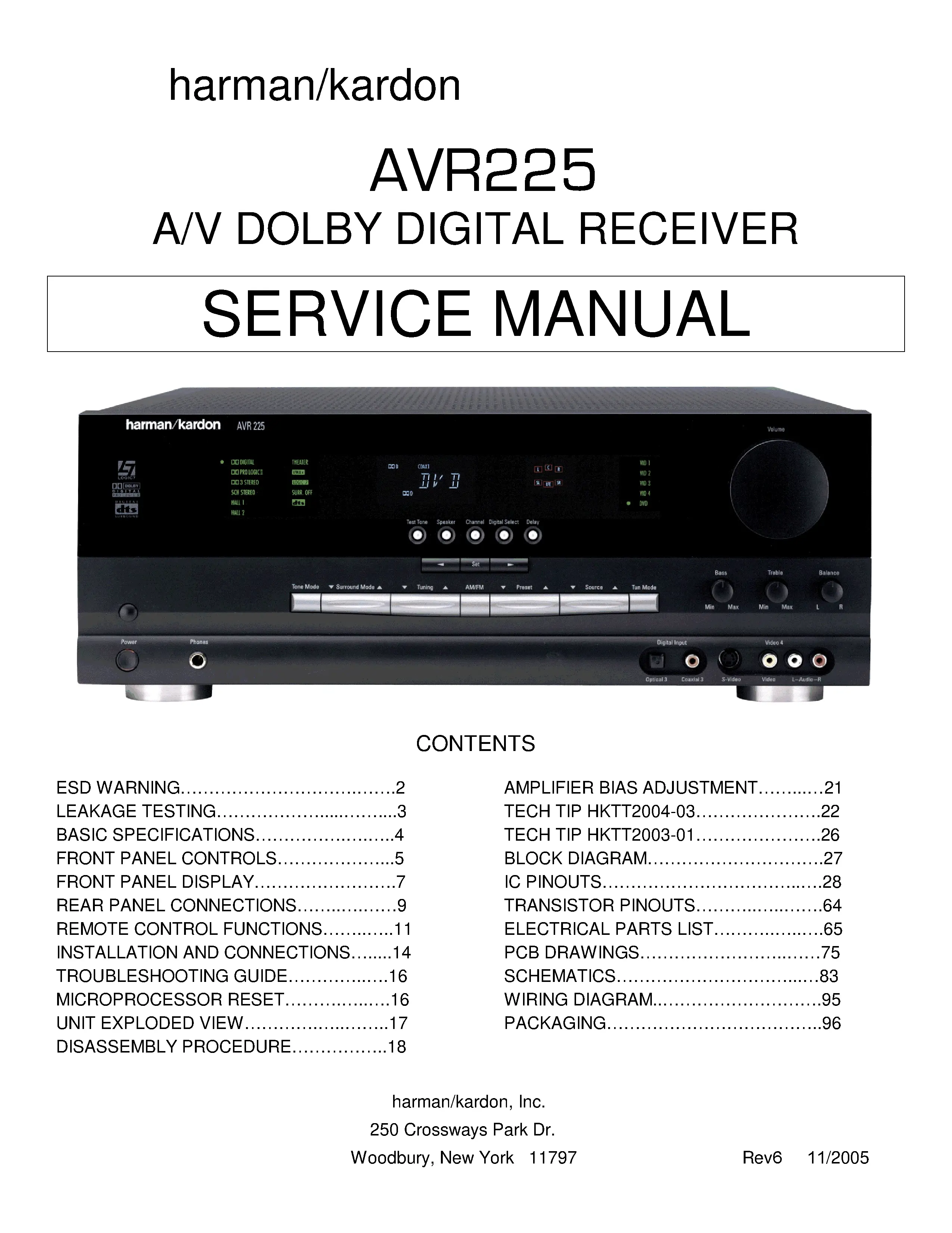 Harman kardon avr 225 service manual cover with picture of the AV Receiver with model type and number