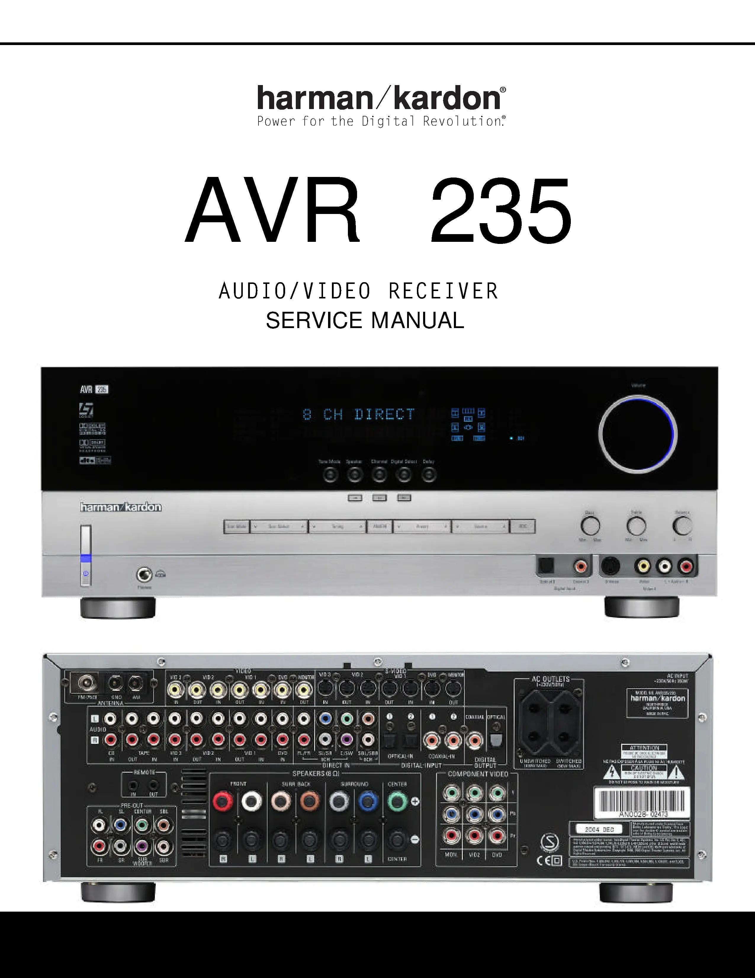 Harman kardon avr 235 service manual cover with picture of the AV Receiver with model type and number