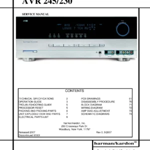 Harman kardon avr 245 service manual cover with picture of the AV Receiver with model type and number