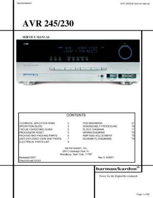 Harman kardon avr 245 service manual cover with picture of the AV Receiver with model type and number