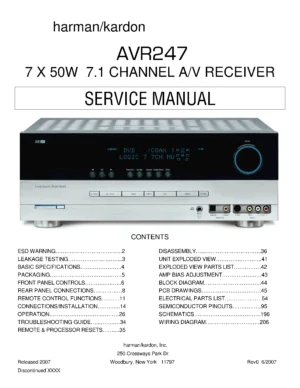 Harman kardon avr 247 service manual cover with picture of the AV Receiver with model type and number