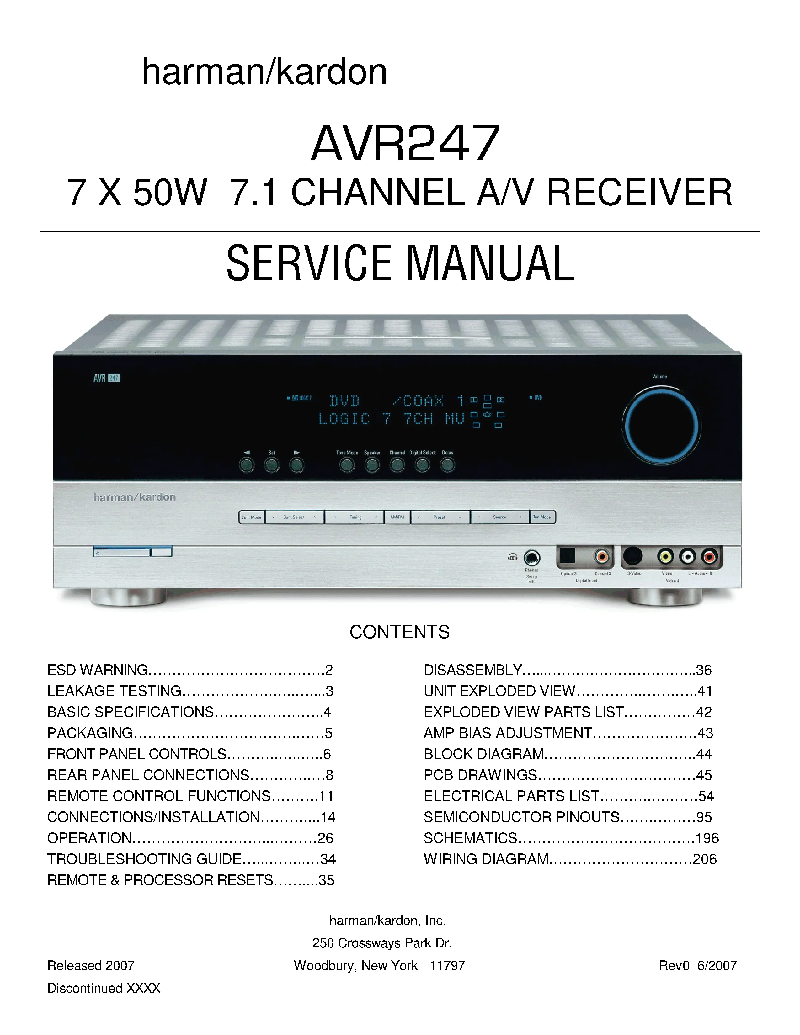 Harman kardon avr 247 service manual cover with picture of the AV Receiver with model type and number