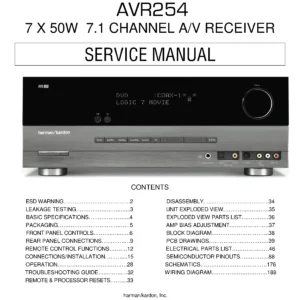 Harman kardon avr 254 service manual cover with picture of the AV Receiver with model type and number