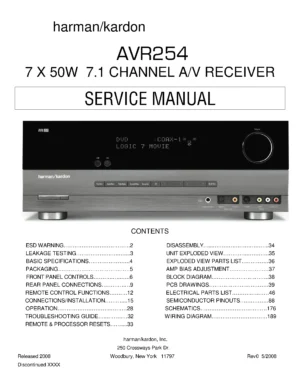 Harman kardon avr 254 service manual cover with picture of the AV Receiver with model type and number