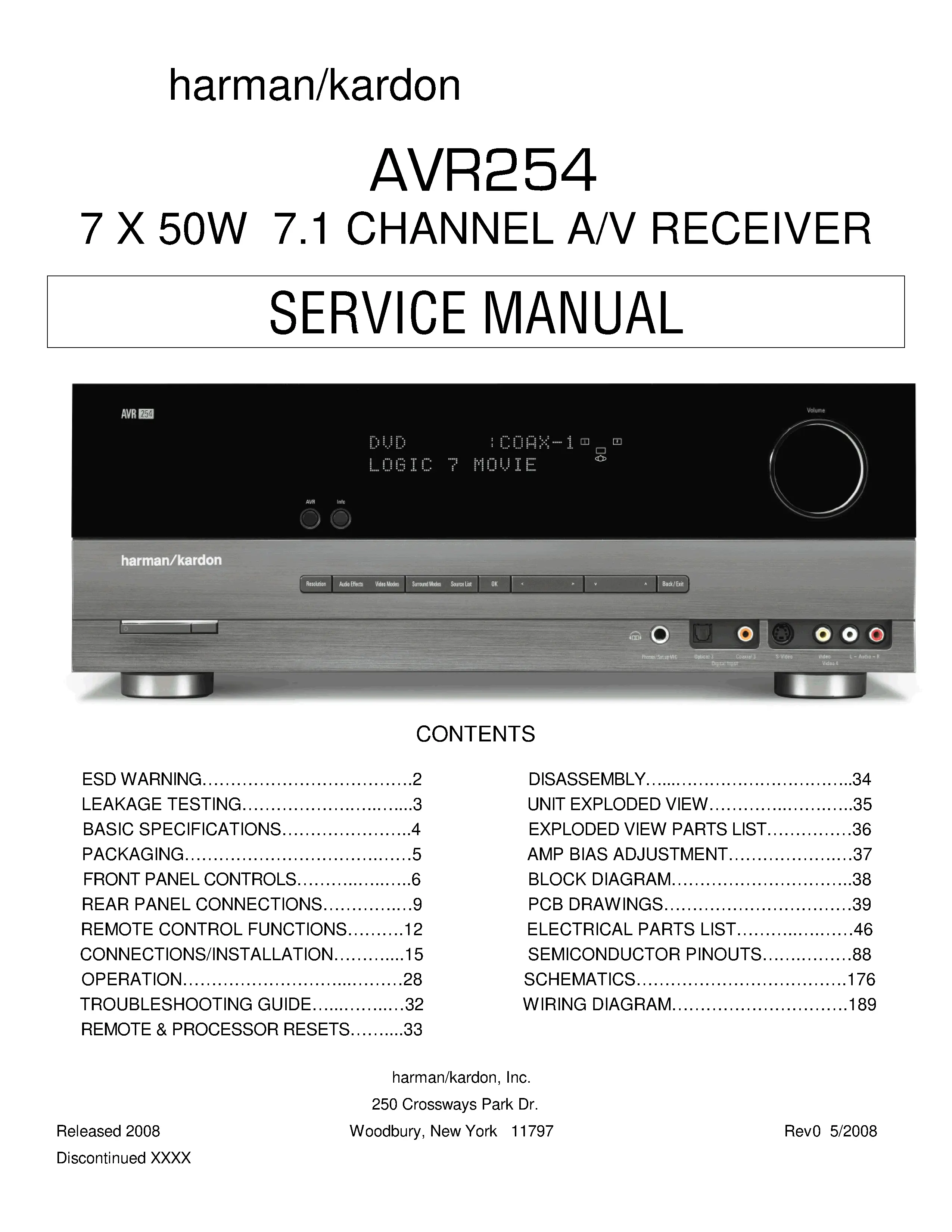 Harman kardon avr 254 service manual cover with picture of the AV Receiver with model type and number