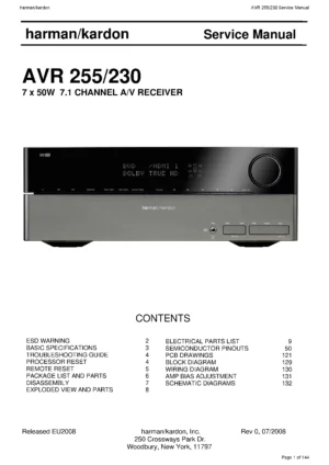 Harman kardon avr 255 service manual cover with picture of the AV Receiver with model type and number