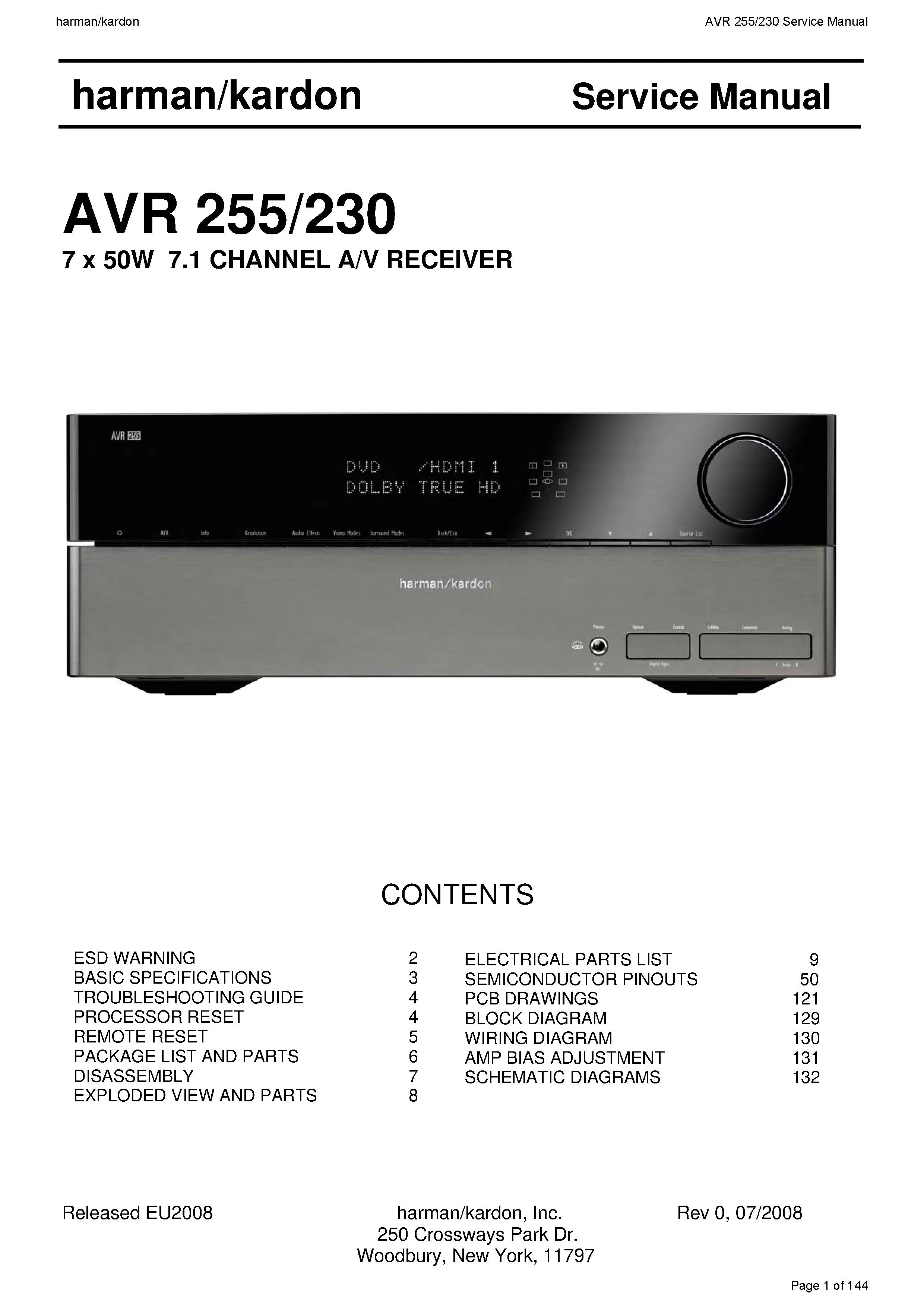 Harman kardon avr 255 service manual cover with picture of the AV Receiver with model type and number