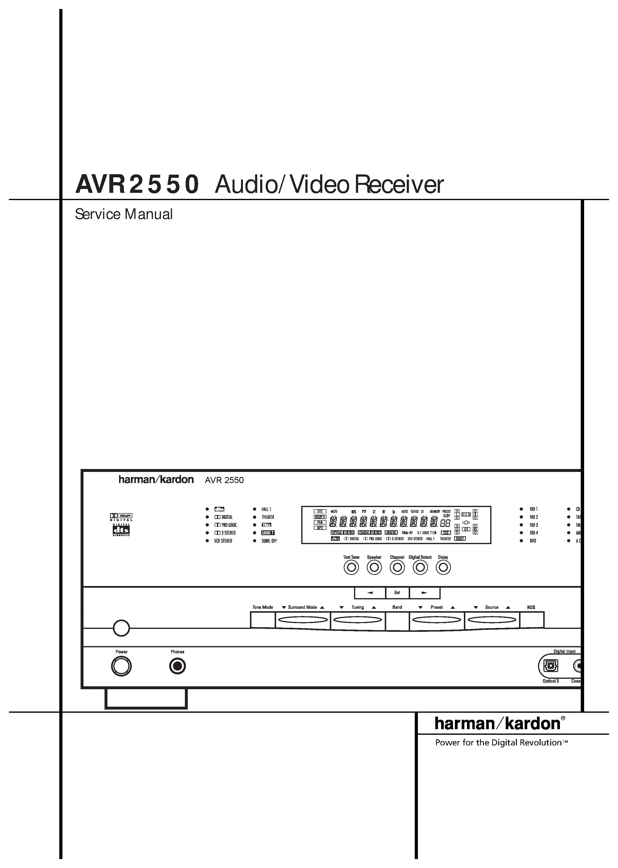 Harman kardon avr 2550 service manual cover with picture of the AV Receiver with model type and number