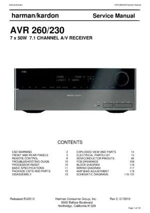 Harman kardon avr 260 service manual cover with picture of the AV Receiver with model type and number