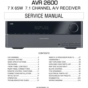Harman kardon avr 2600 service manual cover with picture of the AV Receiver with model type and number