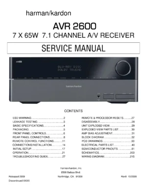 Harman kardon avr 2600 service manual cover with picture of the AV Receiver with model type and number