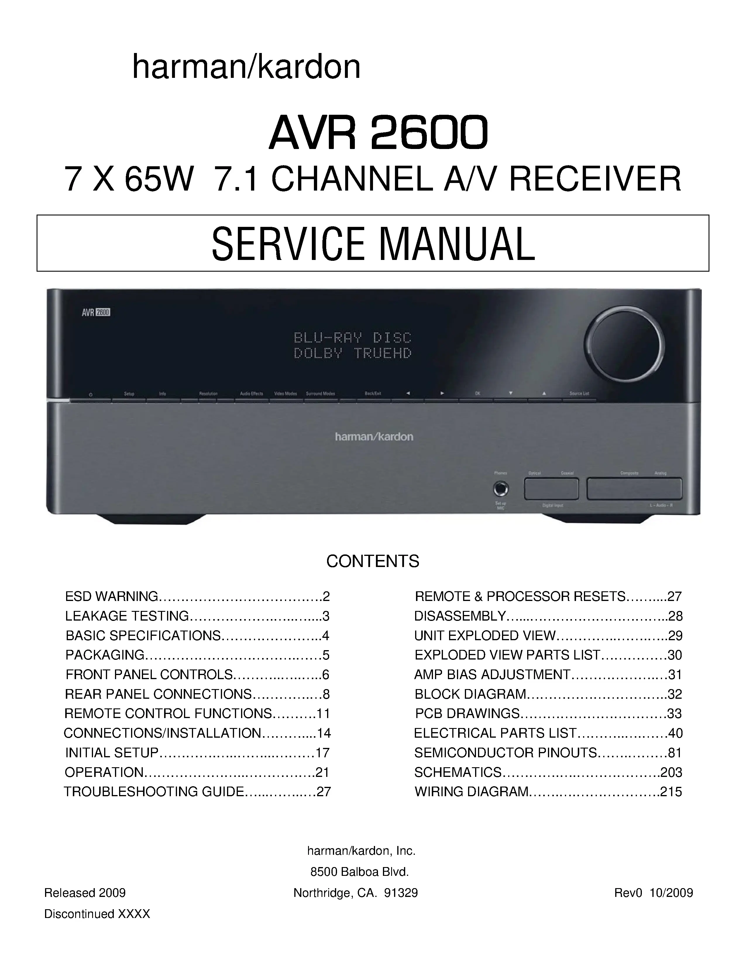 Harman kardon avr 2600 service manual cover with picture of the AV Receiver with model type and number