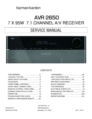 Harman kardon avr 2650 service manual cover with picture of the AV Receiver with model type and number