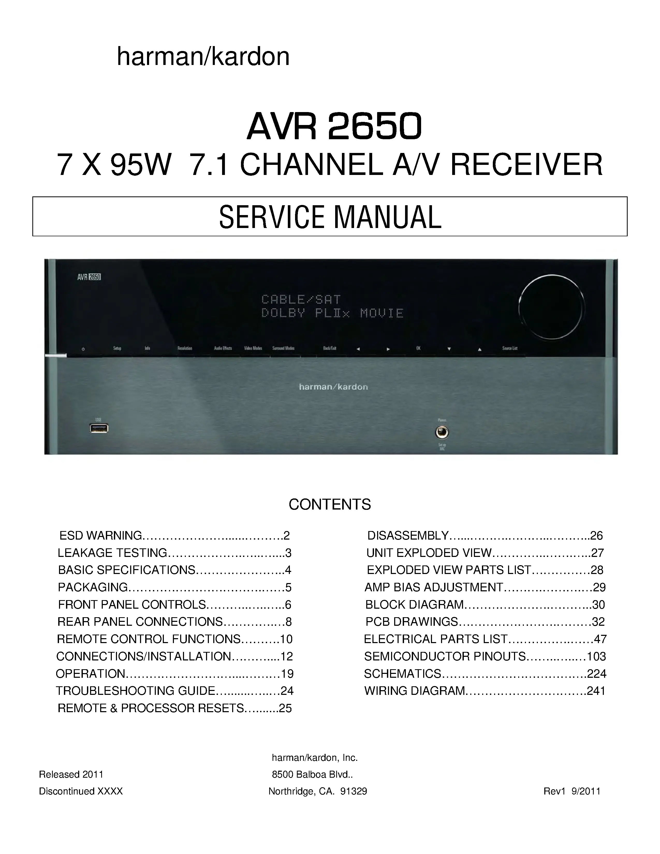 Harman kardon avr 2650 service manual cover with picture of the AV Receiver with model type and number